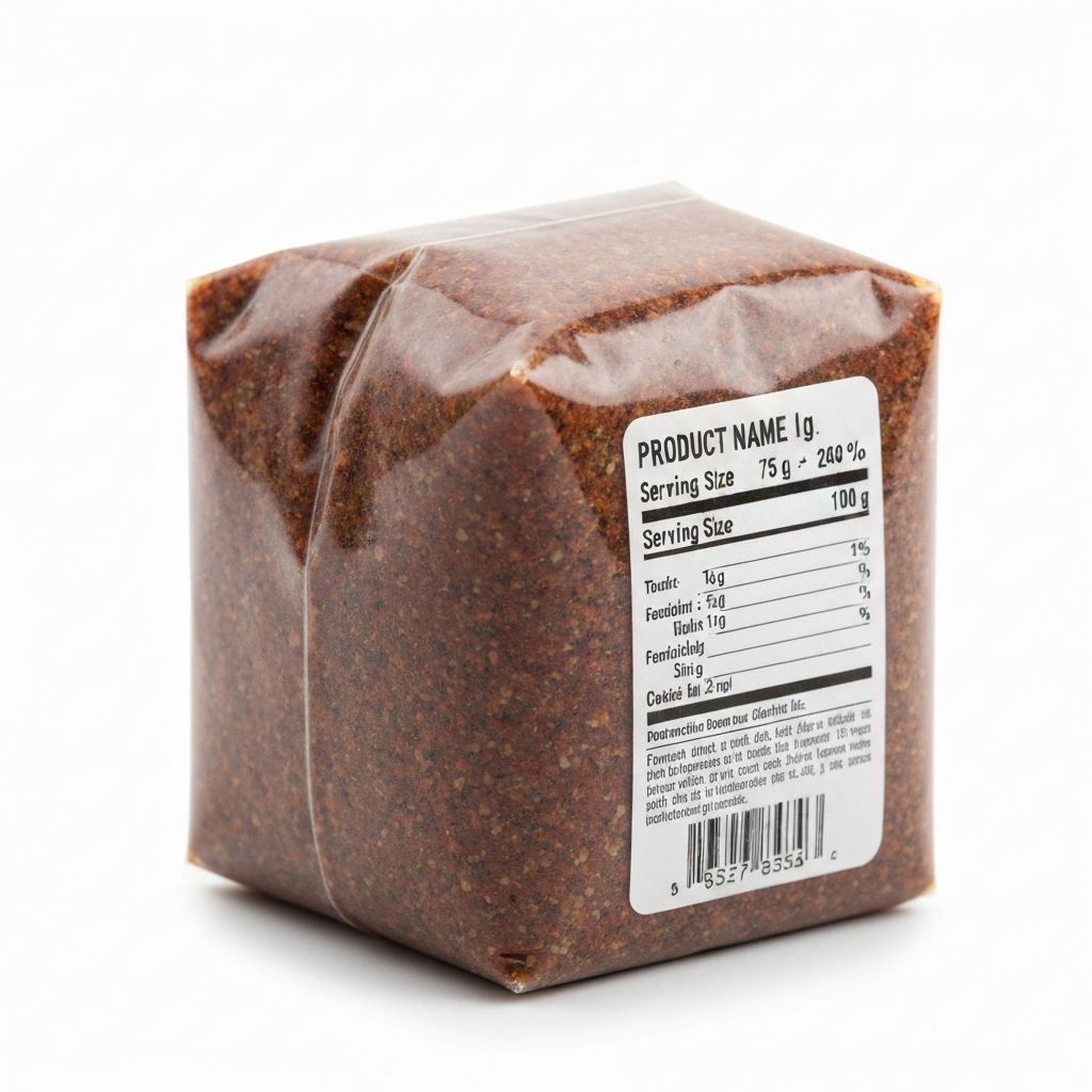 Élelmiszercsomagolás előlapja, amelyen látható a terméknév, súly és adag méret